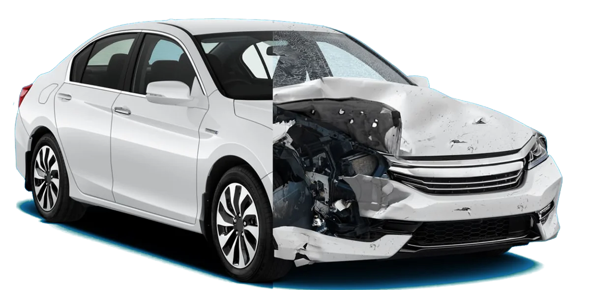 The same car: half as shown in the listing, half with the damage from its history