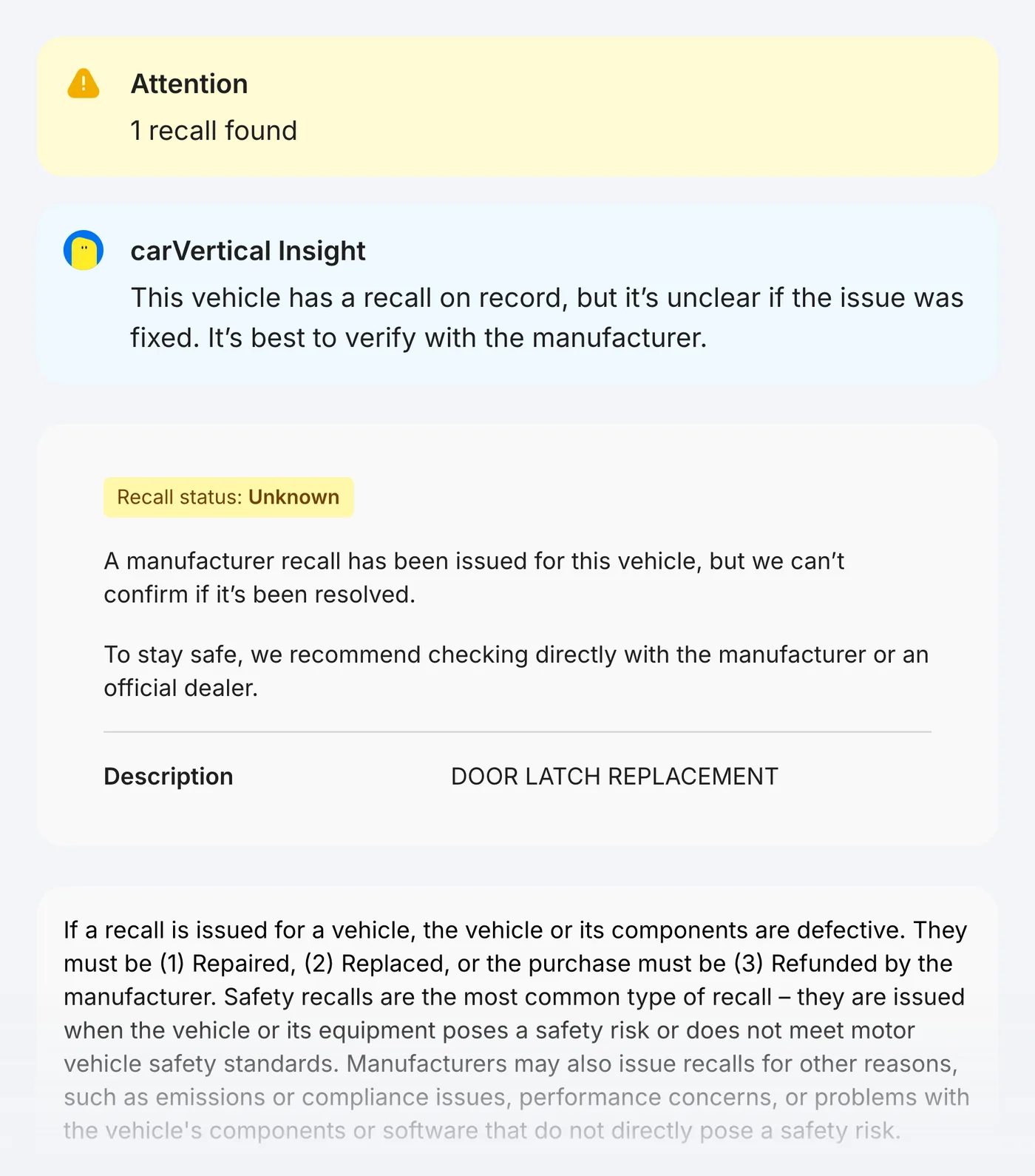 carVertical sample report: recalls
