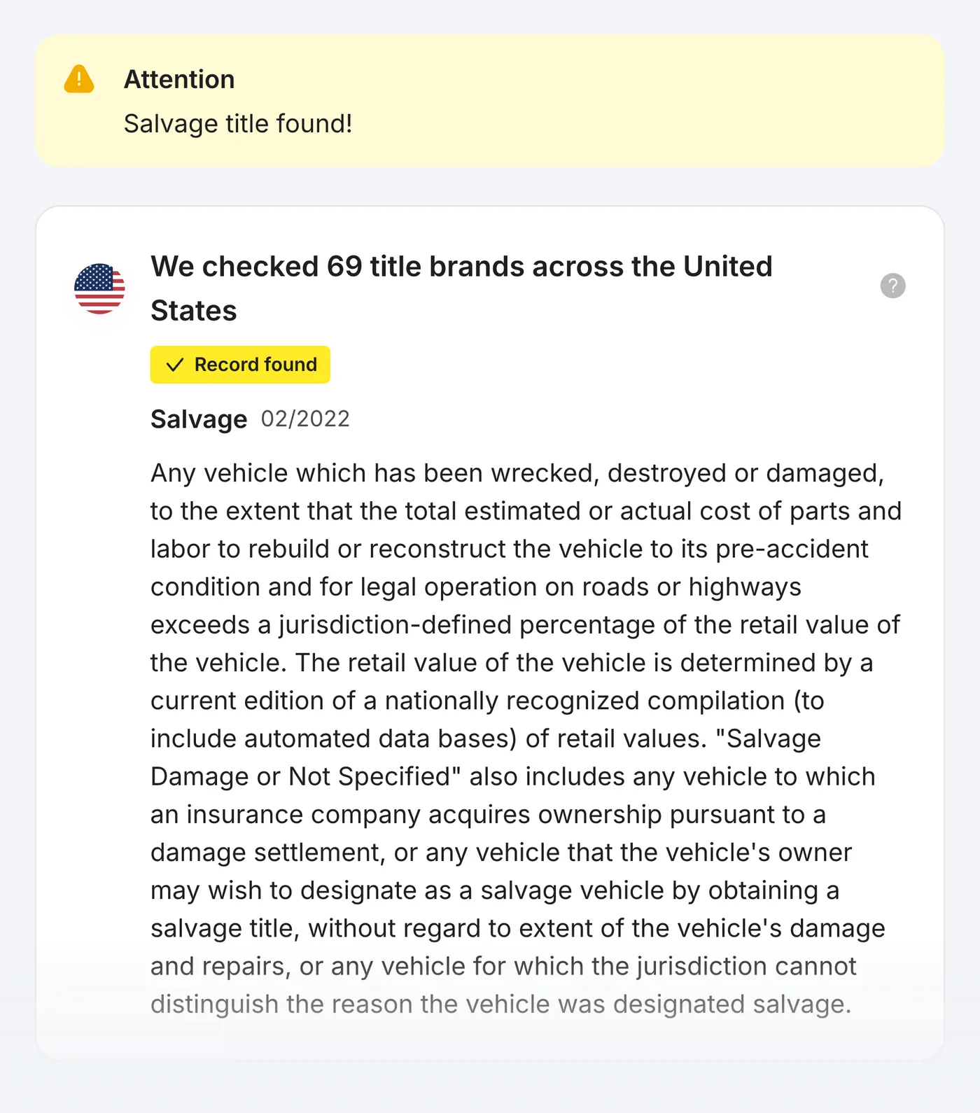 carVertical sample report: title check